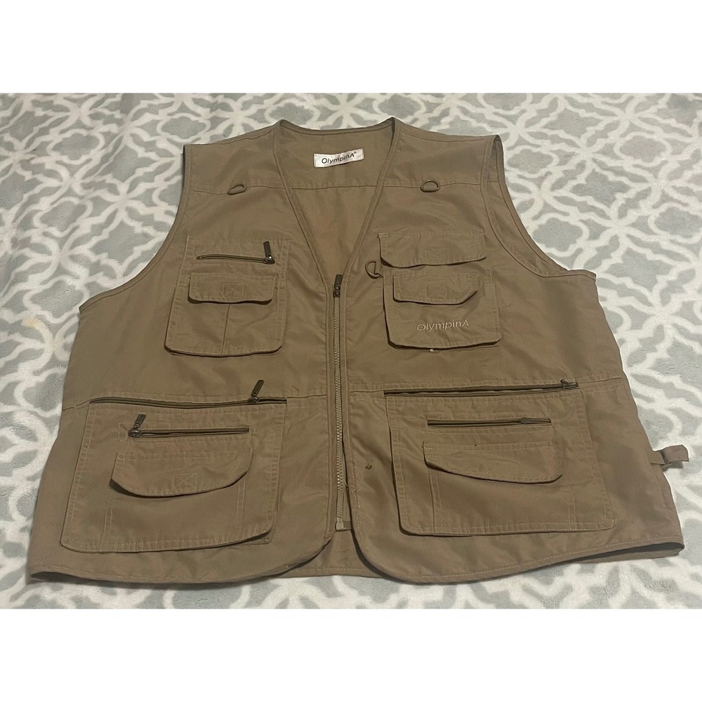OlympinA Men's Khaki Utility Vest Fishing Travel Photography‎ Multi Pocket Zip